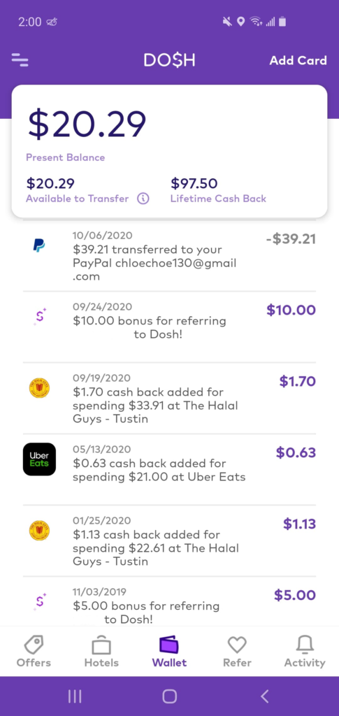 Example of DOSH passive cash back purchases at The Halal Guys and Uber Eats as well as cash out